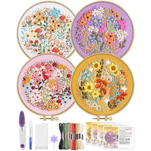 ERKOON 4 Sets Embroidery Kit for Beginners,Hummingbird and Flower Cross Stitch Set for Include Embroidery Cloth Hoops Threads for Craft Lover Hand Stitch Flower