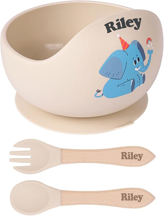 TYRY.HU Personalized Baby Bowl with Suction with Name, Baby Spoon and Fork with Name, Baby Led Weaning Supplies, Silicone Baby Feeding Set (Beige)