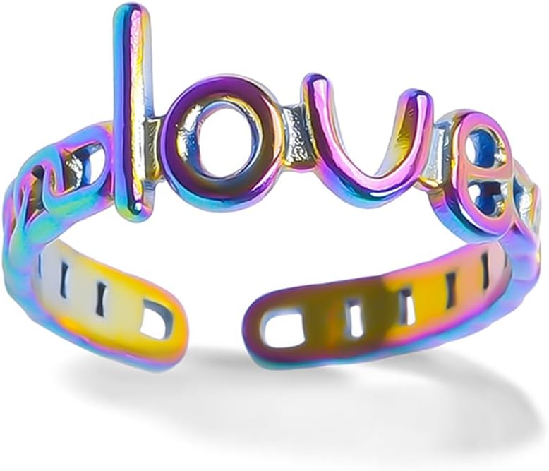 Colored Stainless Steel Love Script Rings for Women Men Adjustable Rainbow Iridescent Love Letter Rings
