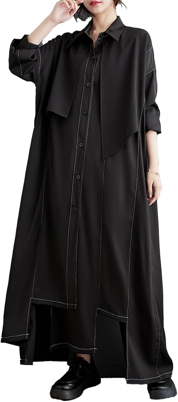 ellazhu Women's Shirt Dress Lapel Button Down Long Sleeve Solid Irregualr Hem GZ602 A