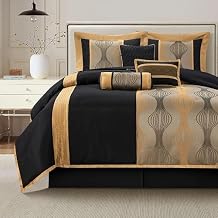 LANCO MODERN LIFESTYLE California King Comforter Set, Black Gold, 7 Pieces in a Bag, Soft Jacquard with Solid Piecework, Luxury Bed Set with Comforter, Bed Skirt, Pillow Shams and Decorative Pillows