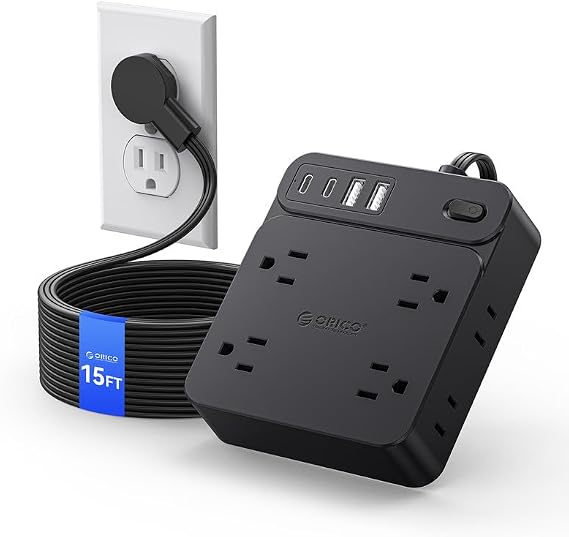 ORICO Long Flat Plug Extension Cord, Surge Protector Power Strip, 12 in 1 Extension Cord with 8 AC Outlets 2 USB-A and 2 USB-C Ports, Mountable Outlet Extender for Studio/Office/Home- SP1