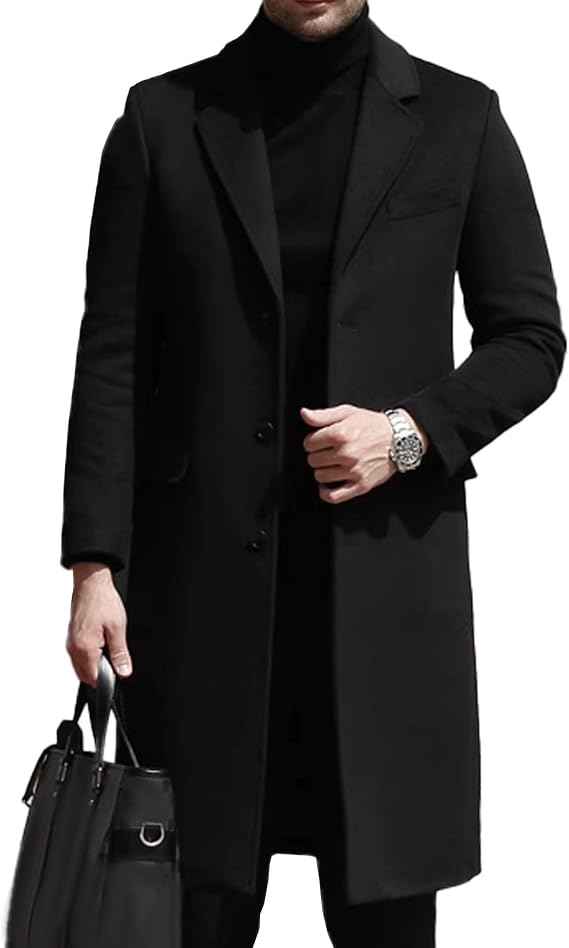 SOMTHRON Men's Casual Trench Coat Slim Fit Single Breated Notched Lapel Winter Long Jacket Pea Coat Overcoat