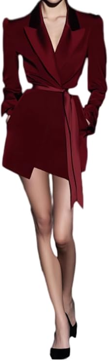 Women's Peak Lapel Dress Jacket Wedding Party Formal Blazer with Satin Belt