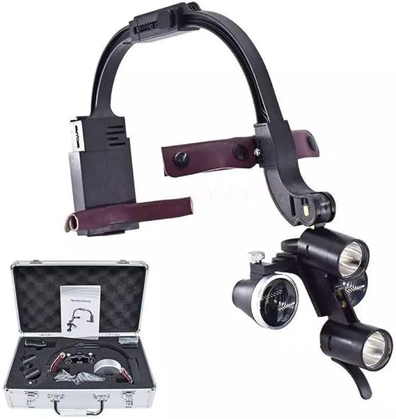5W LED Head Lamp 3.5X Magnification Binocular Loupes Adjustable Bracket with Double Light Magnifying Glasses Aluminum Case Black