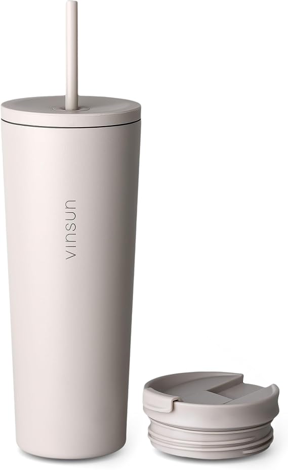 VINSUN Thermal Mug Straw 720 ml Beige with 2 Lids Leak-Proof