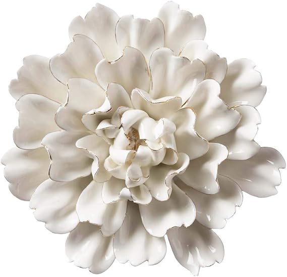 Vivaterra Ceramic Wall Flowers (Gold-Rimmed White) Handcrafted Decorative Flower Wall Decor Elegant, Nature-Inspired Floral Art for Walls, Shelves or Tables (6" Diameter)