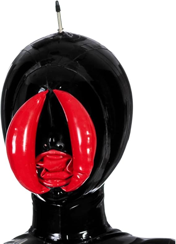 EXLATEX Latex Hood Inflatable Mask with Mouth Sheath Full Face Inflation Lips Dolly Hood Zipped Latex Mask