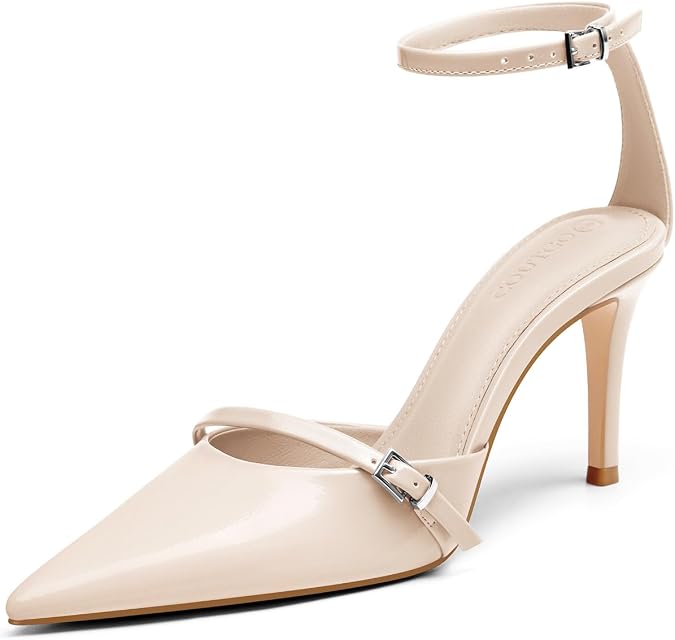 Coutgo Womens High Heels Closed Pointed Toe Ankle Buckle Strap Sexy Pumps Wedding Party Dress Shoes