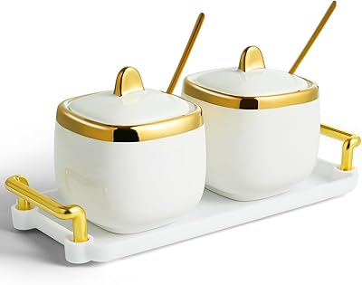 Ceramic Sugar Bowl 2 Pack, Porcelain Seasoning Jar with Tray, Spoon and Lid for Sugar, Pepper, Coffee, Spice, Salt Gold