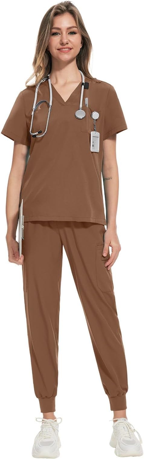 VIAOLI Jogger Scrubs for Women Set V-Neck Top & Jogger Pants Nursing Uniform Stretch Scrubs Set Clearance