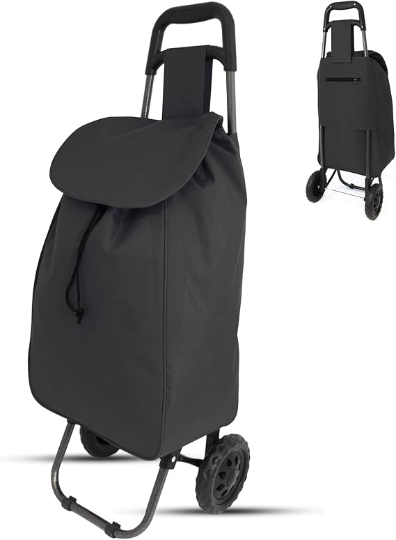 Lightweight 2 Wheel Shopping Trolley Cart 35L – Black Foldable Grocery Cart with Strong Metal Frame, Water-Resistant Bag & Smooth Rolling Wheels – 94cm