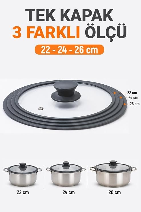 Digithome Silikon Kenarlı 3 Ölçü Cam Tencere Kapağı 22-24-26Cm