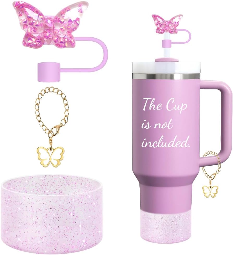 3 Pieces Accessories for Stanley Cup，Butterfly Chain for Stumbler with Handle, Silicone Boot and Straw covers Stuff Decor Water Bottle Jewelry Tumbler Personalized Decorations Tag Purple