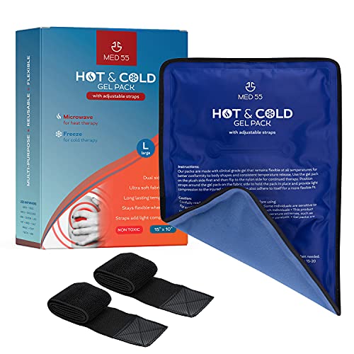 Gel Ice Pack for Injuries Reusable Gel - Hot & Cold Pack Compress Flexible Soft Gel Ice Pack for Back, Shoulder, Elbow, Hip, Knee Pain Relief Therapy for Swelling & Bruising 15x10Straps