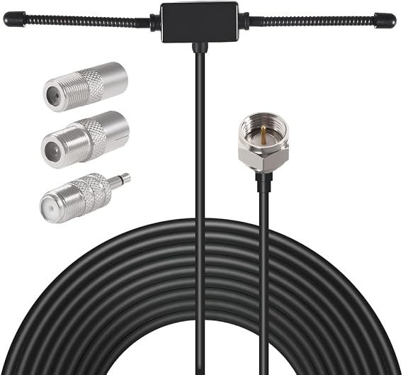 FM Dipole Antenna Adhesive Mount with 3 Connector Adapters for TV Radio Home Stereo Receiver Indoor Music System AV Audio Video Home Theater Receiver