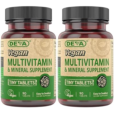 DEVA Tiny Tablets Vegan Multivitamin for Women & Men 2-Pack with Iron, Vitamin C, E, B Complex Vitamins, Zinc, 90 Tablets Each