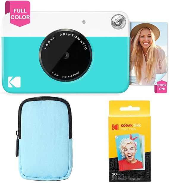 KODAK Printomatic Full-Color Instant Print Camera Starter Bundle + Soft Case + Zink 20 pack Photo Paper - Colorful Photos On 2x3" Sticky-Back Paper - Fun Gift for Birthday Christmas Holiday - Blue