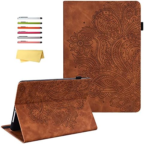 for Samsung Galaxy Tab A 10.1 Case 2016 Old Model SM-T580T585T587 NO S Pen Version Stand Folio Embossed Pattern PU Leather Wallet Cover with Pencil Holder Pockets, Brown Peacock Flower