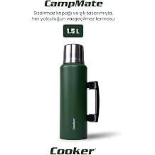 Cooker 1.5 Litre Çift Katlı Çelik Termos, 24 Saat Sıcak, 48 Saat Soğuk, Kulplu, Yeşil