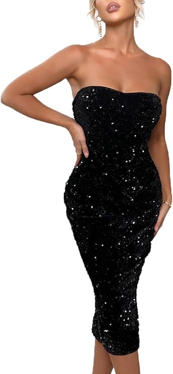 Joyfunear Sexy Sparkly Sequin Strapless Midi Dress for Women Cocktail Club