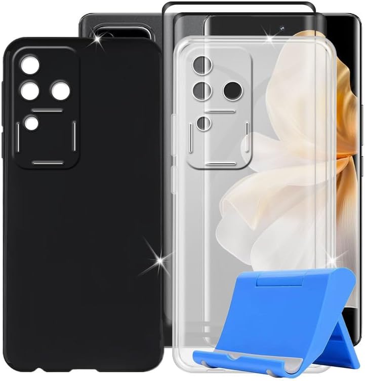 Cover for Vivo V30 Pro 6.78  Screen Protector2 Pack, 2 Ultra Thin Silicone Cover Shockproof Bumper Anti-Scratch Case  Tempered Glass with Phone Holder - BlackClear