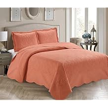 Better Home Style 3 Piece Luxury Ultrasonic Embossed Solid Color Quilt Coverlet Bedspread Oversized Bed Cover Set # Veronica (Full/Queen, Orange/Coral)