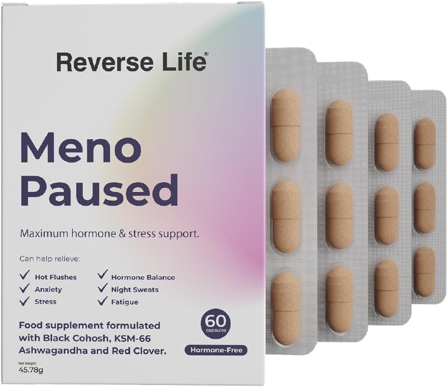 Reverse Life - MenoPaused Menopause Supplements - Hormone and Stress Support Food Supplement with Vitamin B6, Black Cohosh, KSM-66 Ashwagandha and Red Clover - 60 Capsules
