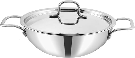 Nobel Platinum Triply Stainless Steel Deep Kadai with Stainless Steel Handled Lid - Wok for Stir Fry Cooking (26 cm Diameter)