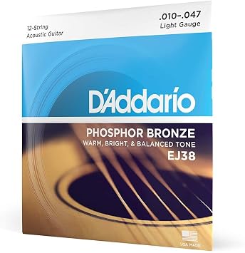 DAddario Acoustic Guitar Strings, Phosphor Bronze, EJ38, Light Gauge 10-47, 12-String Set, Pack of 1
