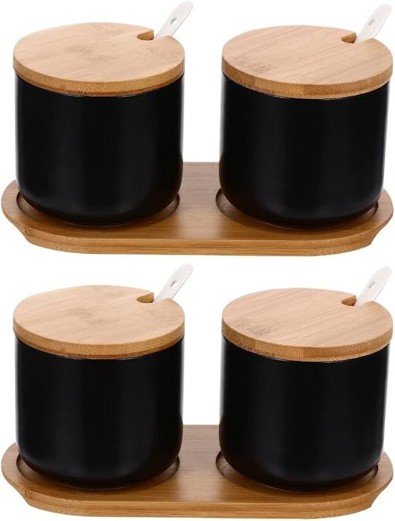 2 Set Ceramic Seasoning Jar, Ceramic Spice Jar Set with Spoons Salt Bowls Sugar Jar Kitchen Seasoning Holder for Home Kitchen