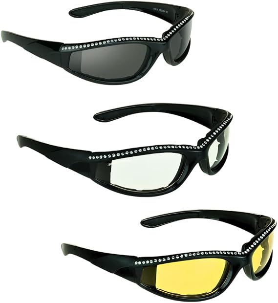Bikershades Rhinestone Motorcycle Safety Sunglass Women Bling Foam Padded Day Smoke Night Yellow Clear Wrap Blocks Wind Dust