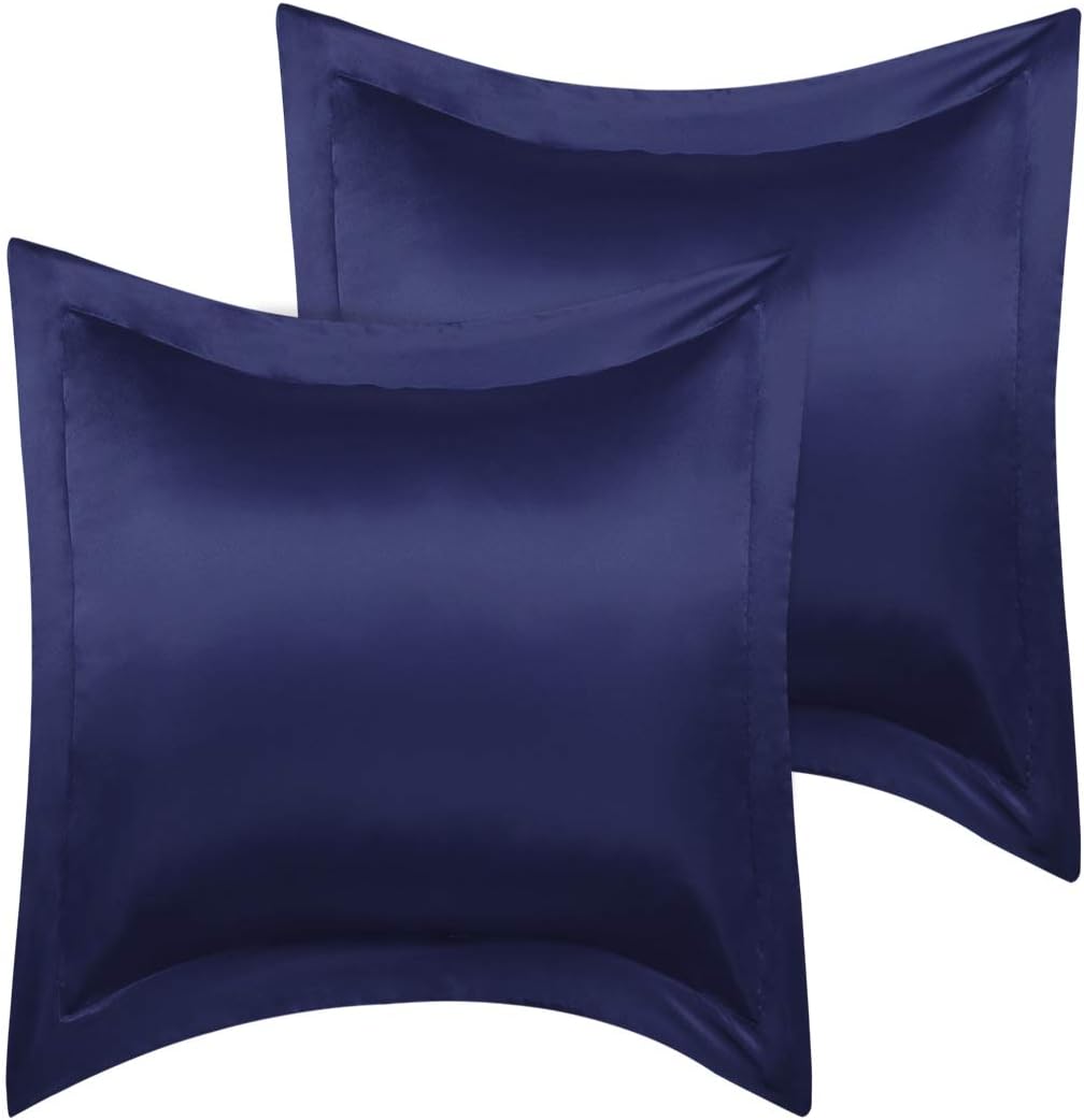 PiccoCasa 2 Pack Satin Pillowcase for Hair and Skin, Euro Sham Pillow Covers Soft Silky Oxford Pillow Cases with Envelope Closure European26x26 Navy