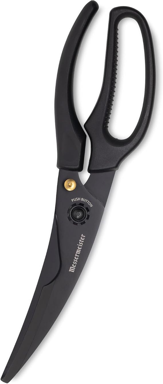 Messermeister 10-Inch Push Button Take-Apart Poultry Shears, Titanium Black - High-Carbon Stainless Steel & Soft-Grip Handles - Includes Nut Cracker & Bottle Opener