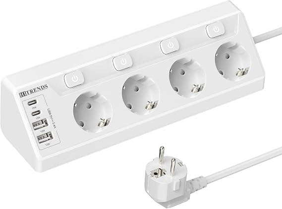 Ecksteckdose Einzeln Schaltbar 4-Fach Steckdosenleiste mit 4 USB (2X USB C + 2X USB A) 90° Dreieck-Design für Ecke 2m Verlängerungskabel Kindersicherung Wandmontage möglich - Weiß