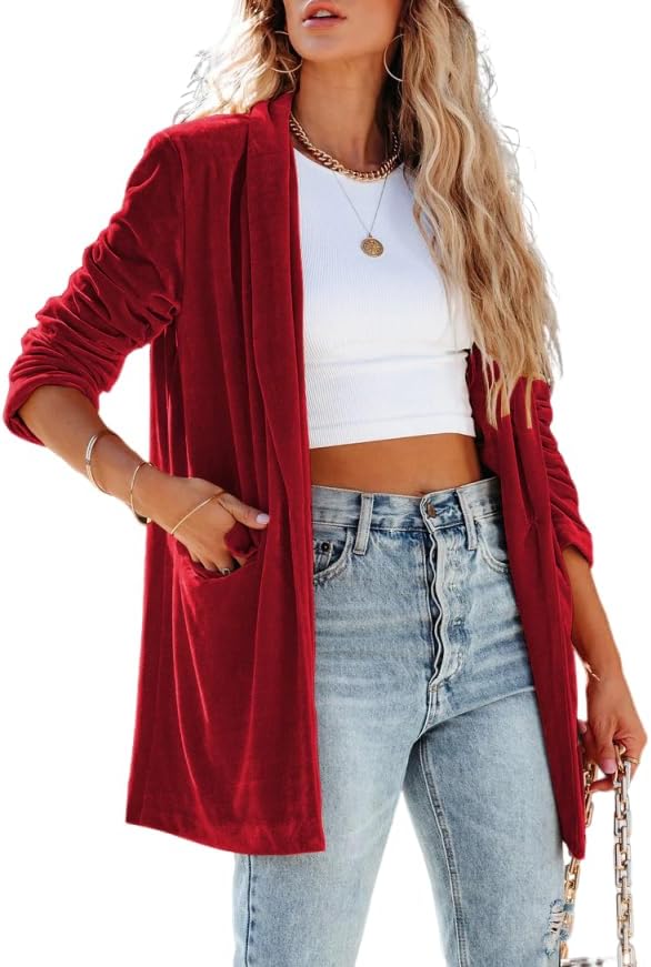 Velvet Blazers Jackets for Women Trendy Lapel Collar Blazer Velvet Suit Casual Business Long Sleeve Cardigan Outerwear