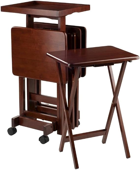 Furnifact Walnut Solid Wood TV Tray Set Folding Snack Tables with Stand for Dining, Working, and Serving in Any Living Room or Home Space