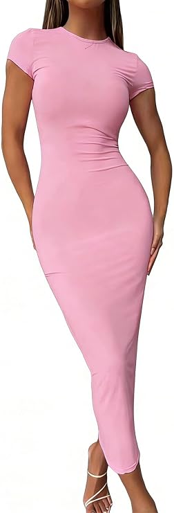 Women's Summer Maxi Dress Short Sleeve Sexy Bodycon Maxi Dress Round Neck Long Dress for Women 2026