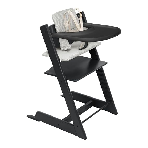 Stokke Tripp Trapp High Chair with Tray and Cushion, Black/Nordic Grey | Includes Chair, Baby Set, Removable Harness, Tray, Cushion, for Ages 6-36 Months, Solid Wood, Holds up to 300 lbs
