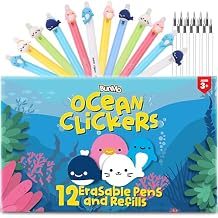 BUNMO 12 Cute Erasable Gel Pens with 12 Black Ink Refills - Multicolor Animal Pens for Kids - Make Mistakes Disappears, Fine Point for School and Journaling