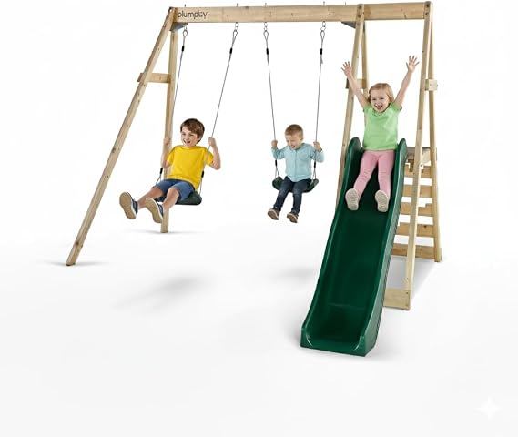 Plum Wooden Swing Sets for Backyard with Slide, Toddler Playground Playsets, Kids Outdoor Play Equipment, 2 Height Adjustable Swings, Climbing Wall Ladder, Play Deck, Sturdy, Weatherproof, Ages 3+ Yrs