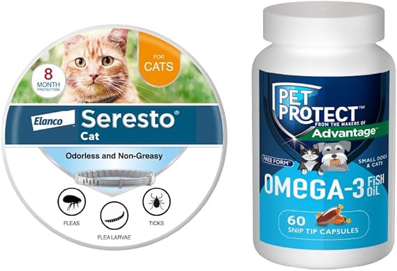 Bundle of Seresto Cat Collar for Cats + Pet Protect Omega 3 Supplement for Small Dogs & Cats | 60 Capsules