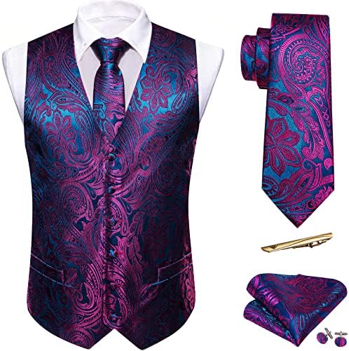 Barry.Wang Mens Suit Vest PaisleyFlower Silk Jacquard Waistcoat Ties Set FormalLeisure 5PCS