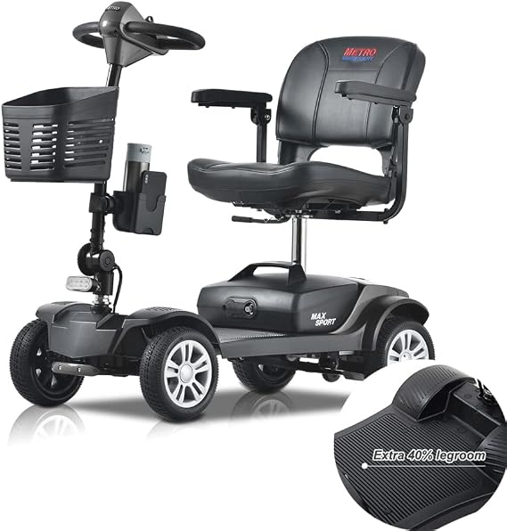 Metro Mobility Scooters, Folding Mobility Scooter for Seniors with Wider Legroom, Electric 4 Wheel Scooter for Adults, Compact for Travel, Electric Powered Wheelchair Device-Max Sport Grey