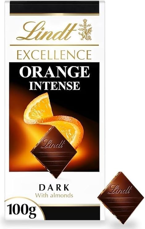 Excellence Premium Swiss Chocolate Bar – Rich, Smooth & Perfect for Gifting (Lindt Excellence Orange Intense Dark with Almonds Chocolate Bar 100g)
