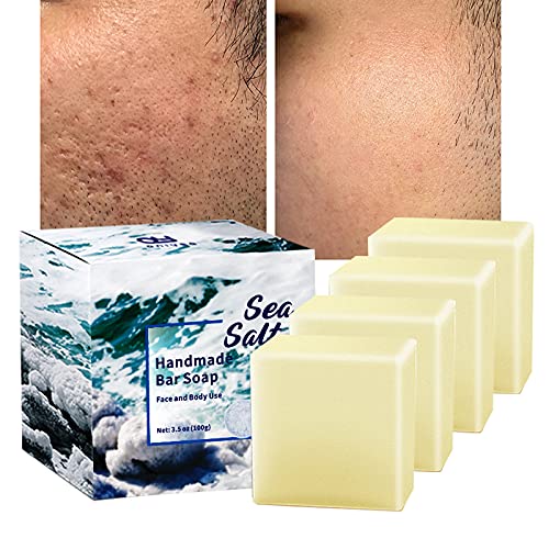 4 PC- ONIYEA Sea Salt Handmade Bar Soap 3.5 Oz Each, Natural Goats Milk, All Skin Types, Exfoliating Acne Deeply Clean Problem Skin, BodyFaceHand Wash Skincare, Women Men Birthday Mother Valentine
