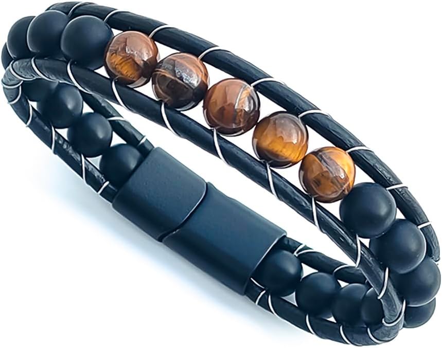 Tiger Eye And Onyx Natural Stone Steel Magnetic Closure Genuine Leather Bracelet