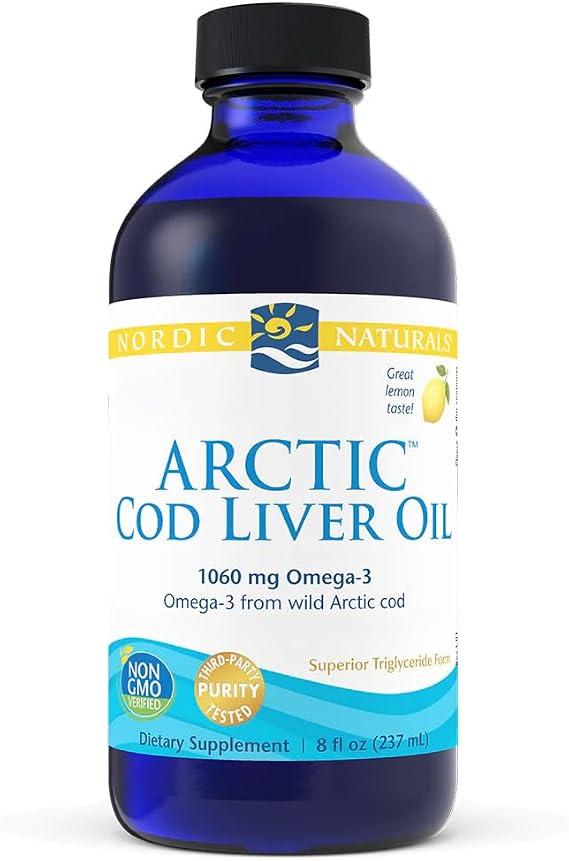 Nordic Naturals Arctic Cod Liver Oil, 1060mg Omega 3 Fish Oil Supplement/Cod Liver Oil Liquid, with EPA and DHA, 237ml, Lemon Flavour, Soy Free, Gluten Free