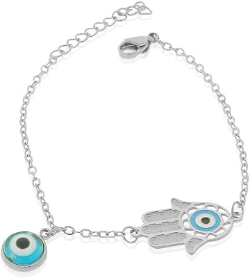 EDFORCE Stainless Steel Hamsa Evil Eye Protection Link Chain Bracelet, 8