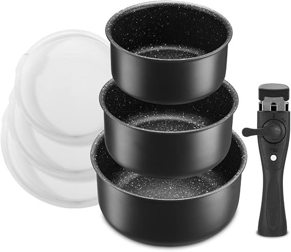 Fadware Non Stick Saucepan Set with Removable Handle, Non Stick Pot Set for Induction Hobs, 4 Pieces Saucepan for All Hobs, Stackable & Oven Safe for Small Kitchens, Caravan, Camping, RV